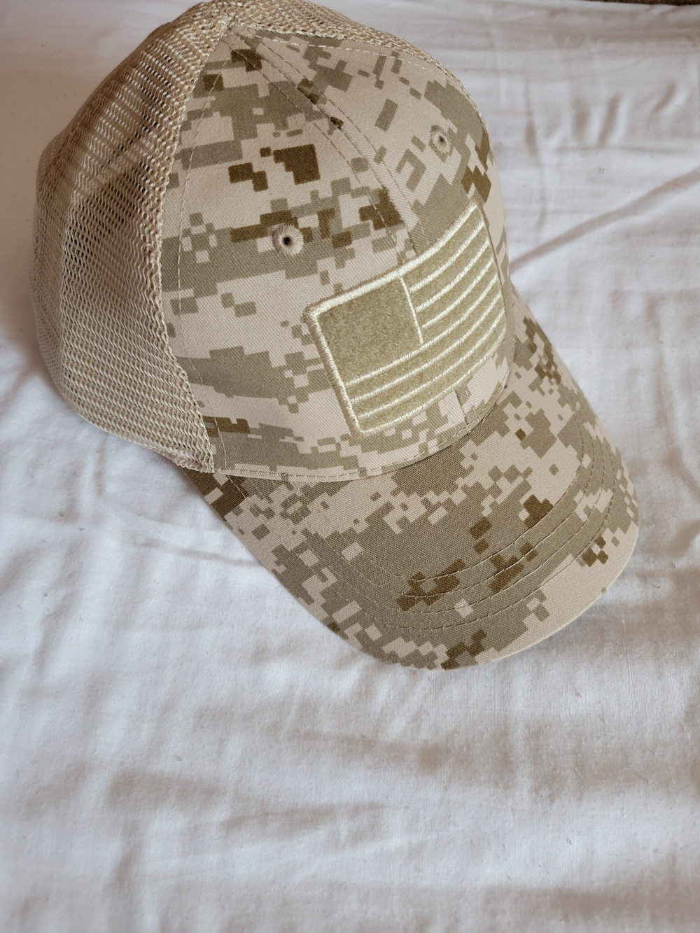 Digital Desert Camo Trucker Cap with Flag Patch - Beige